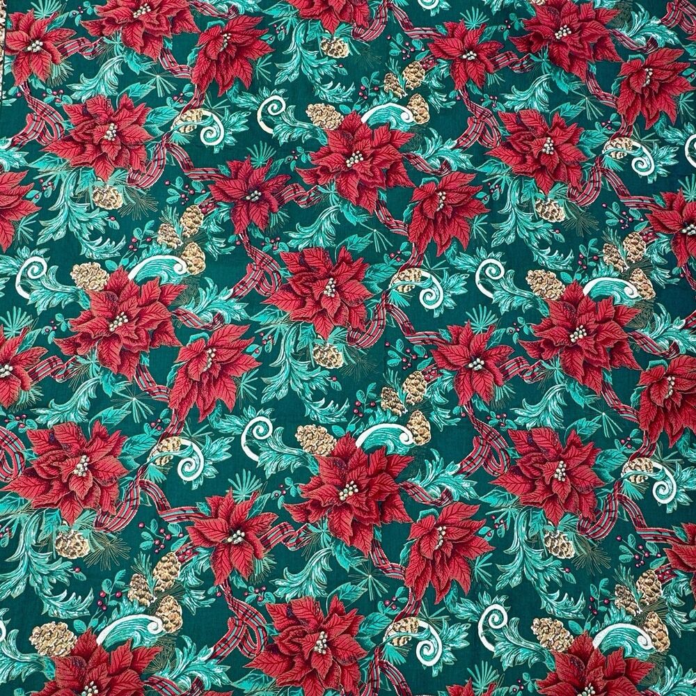 EUC Vintage Christmas Tablecloth W/Poinsettias Holly Pinecones Spirals 59"x82"
